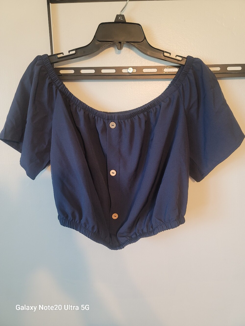 Women’s Navy Off-Shoulder Button-Front Crop Top